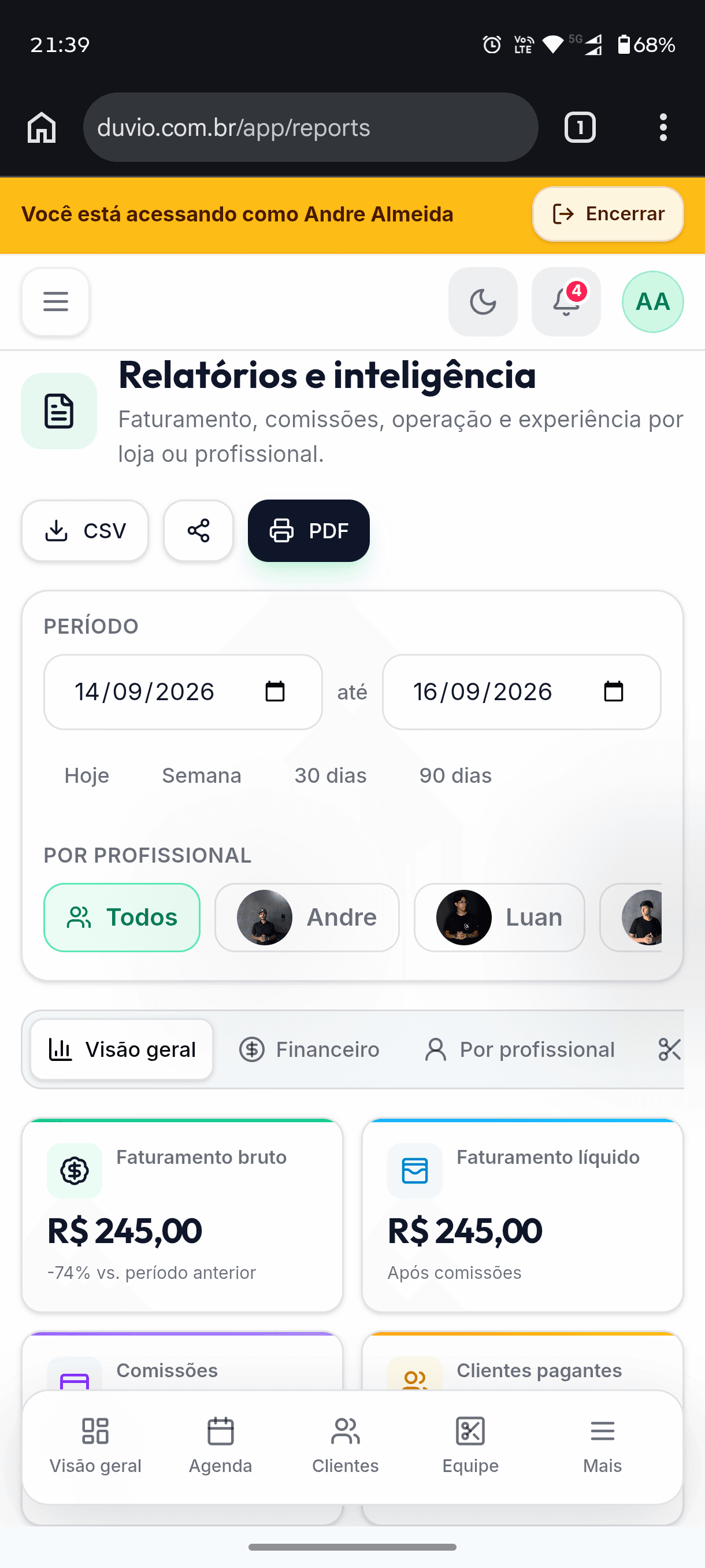 Relatórios e indicadores sem voltar para a planilha — tela real do Duvio