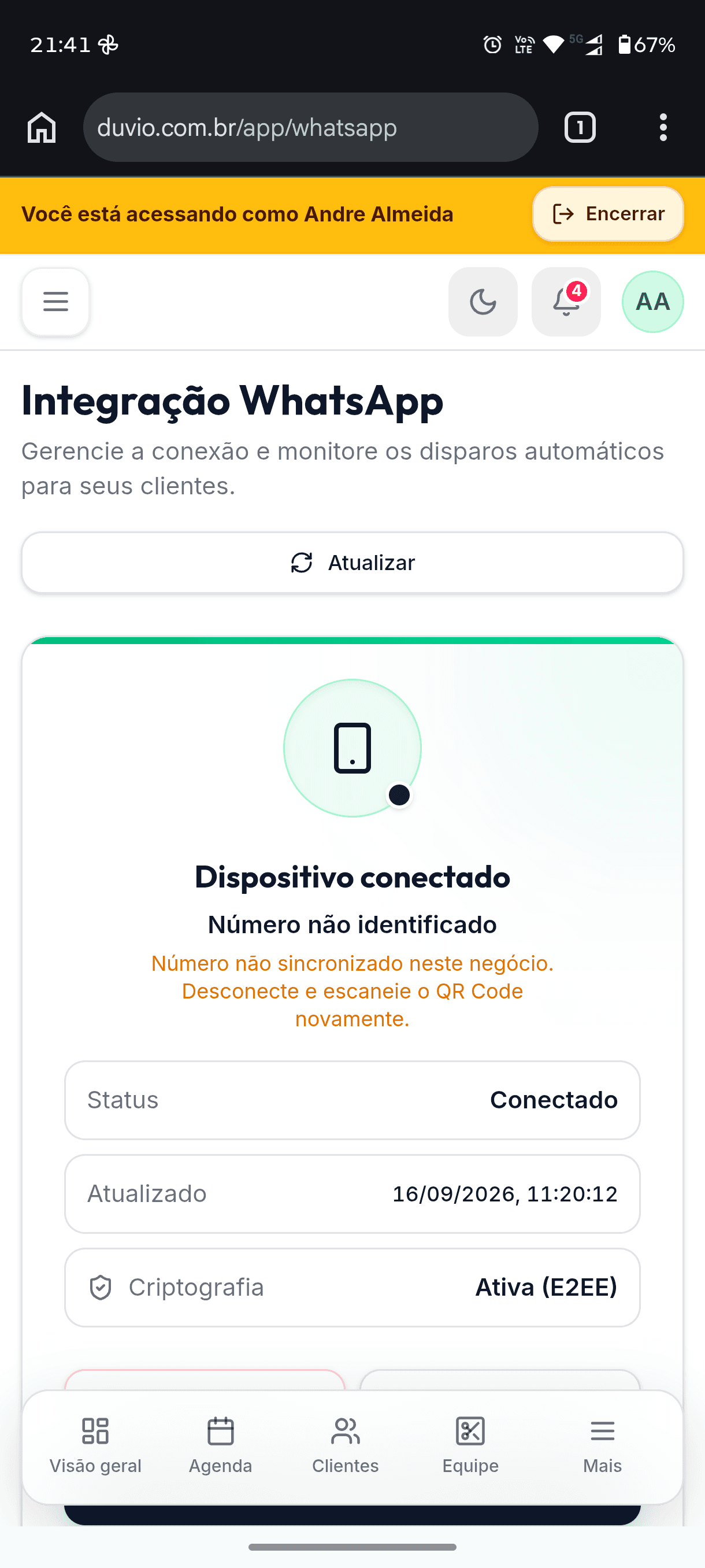 Integração conectada à rotina — captura real do Duvio